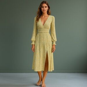 AFRM Yellow Floral Smocked Midi Dress XS